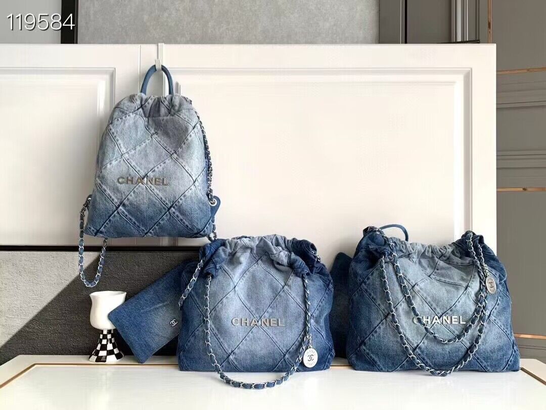 CHANEL 22 Shopping Bag Denim & Silver-Tone Metal AS3137 Blue