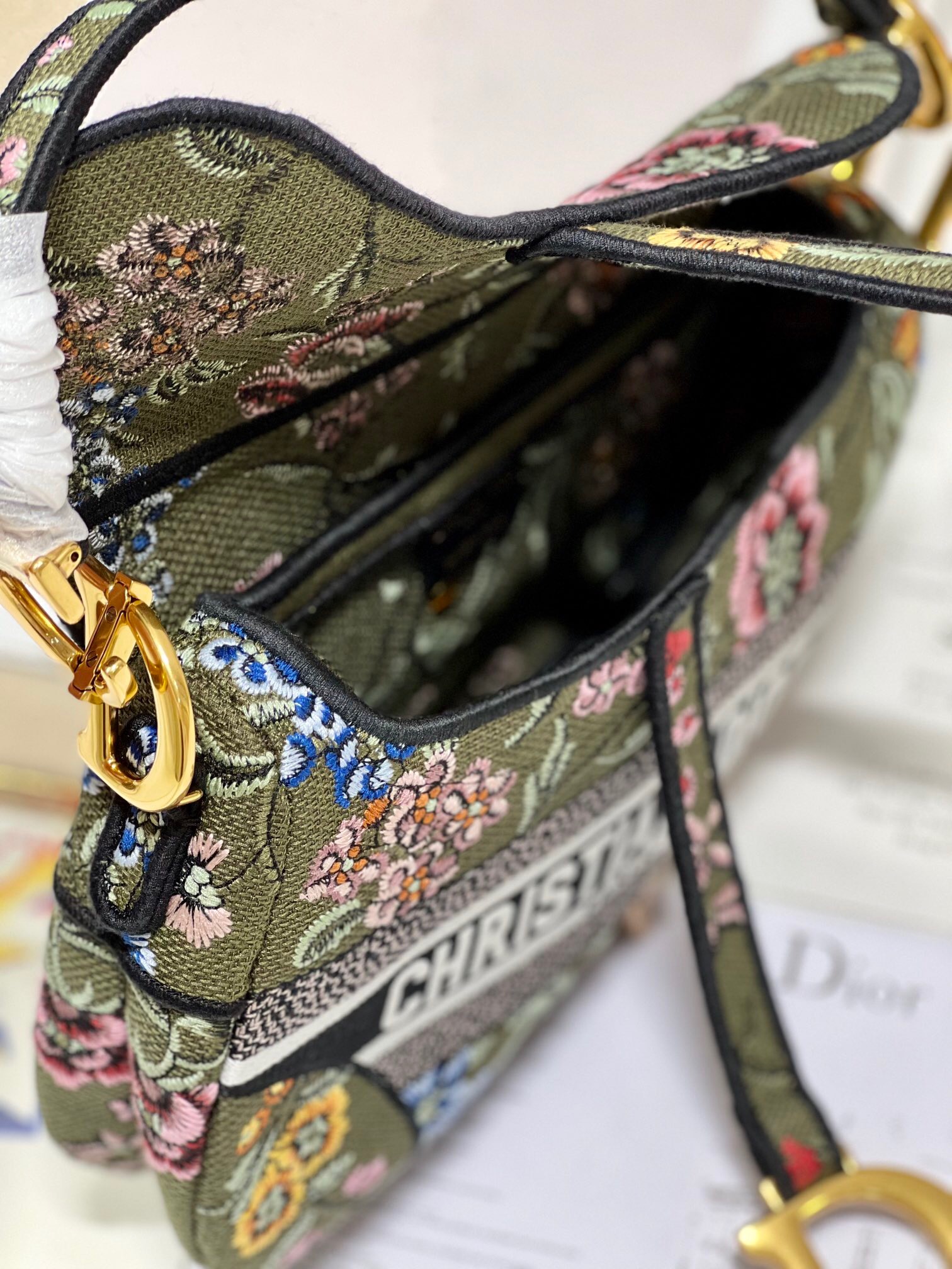 DIOR SADDLE BAG Green Multicolor Dior Petites Fleurs Embroidery M0446C