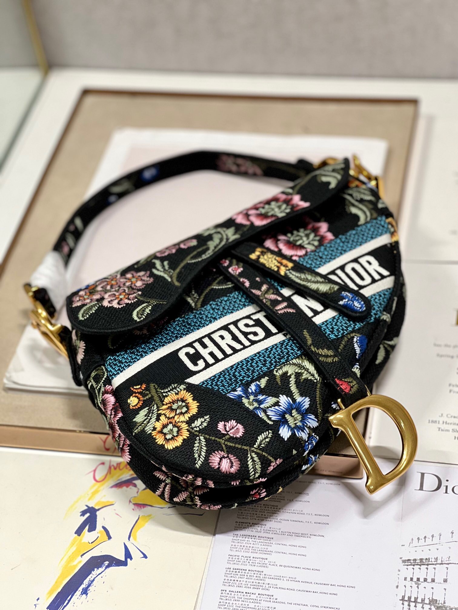 DIOR SADDLE BAG black Multicolor Dior Petites Fleurs Embroidery M0446CE