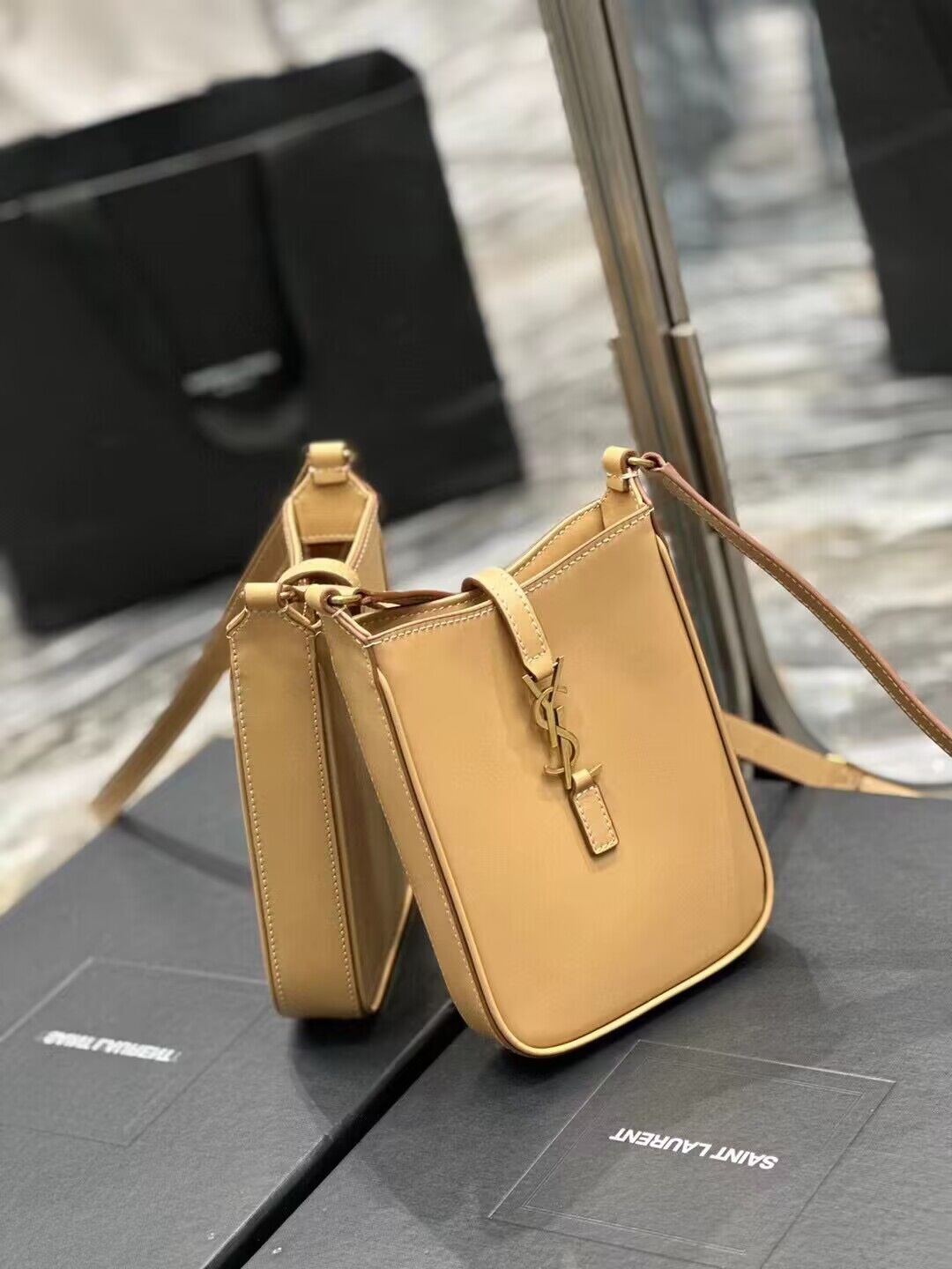 SAINT LAURENT LE 5 A 7 MINI VERTICAL IN SHINY LEATHER 7352142 BROWN GOLD