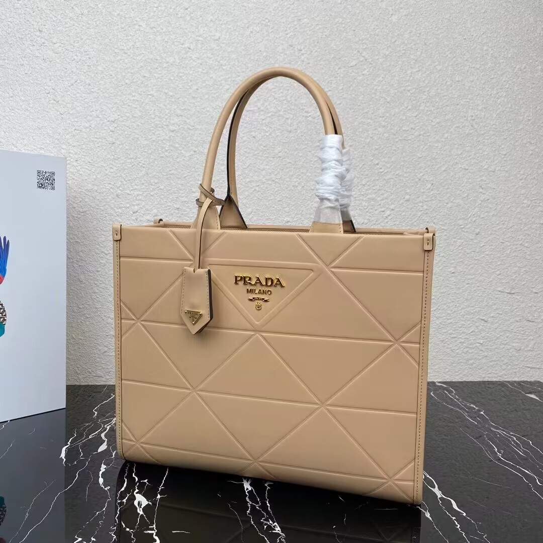 Medium leather Prada Symbole bag with topstitching 1BA378 Sand Beige