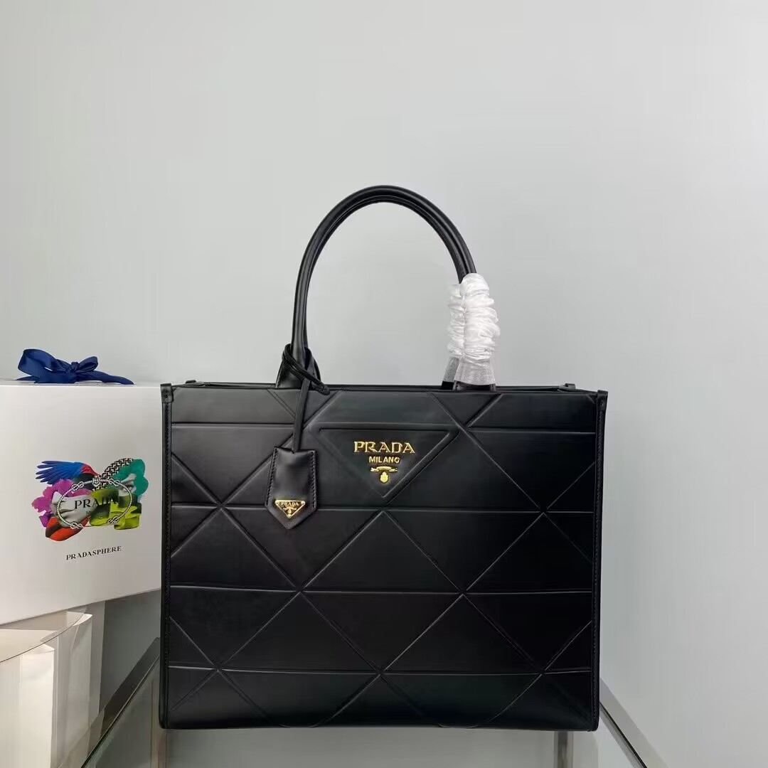 Prada Large leather Prada Symbole bag with topstitching 1BA377 Black