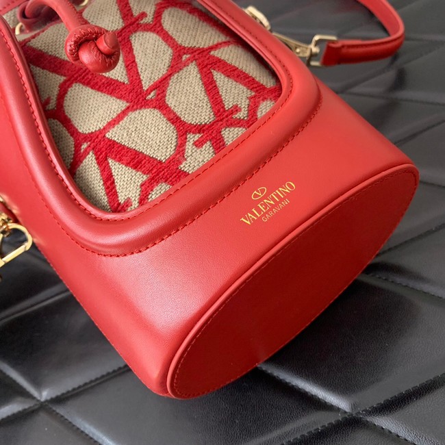 VALENTINO V-logo MINI LOCO sheepskin and fabric Bucket Bag I6ZN red