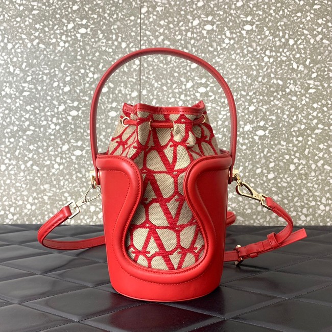 VALENTINO V-logo MINI LOCO sheepskin and fabric Bucket Bag I6ZN red