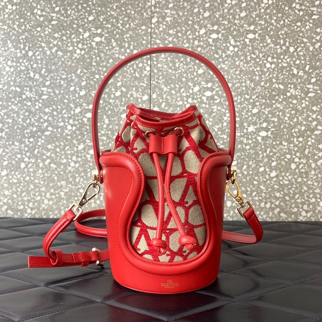 VALENTINO V-logo MINI LOCO sheepskin and fabric Bucket Bag I6ZN red