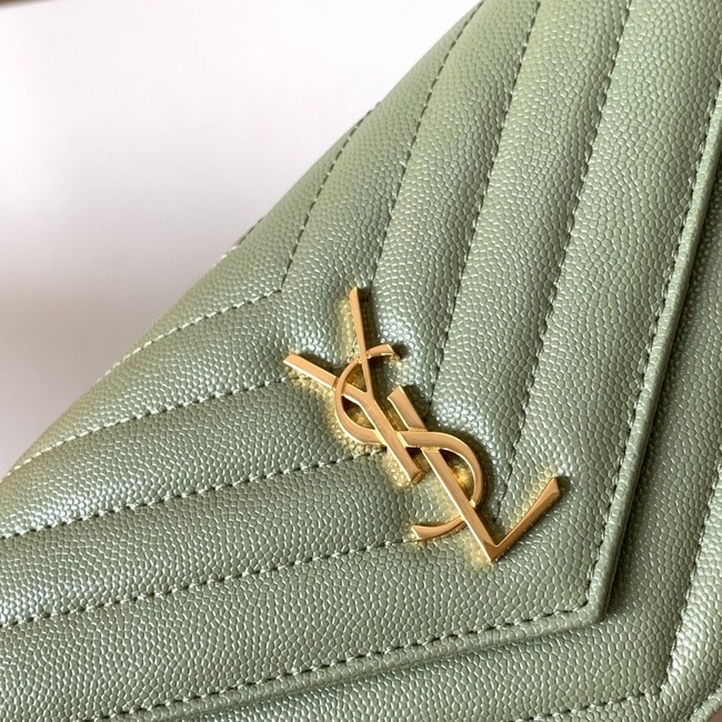 SAINT LAURENT CASSANDRE MATELASSE ENVELOPE CHAIN WALLET IN GRAIN DE POUDRE EMBOSSED LEATHER 393953 GREEN