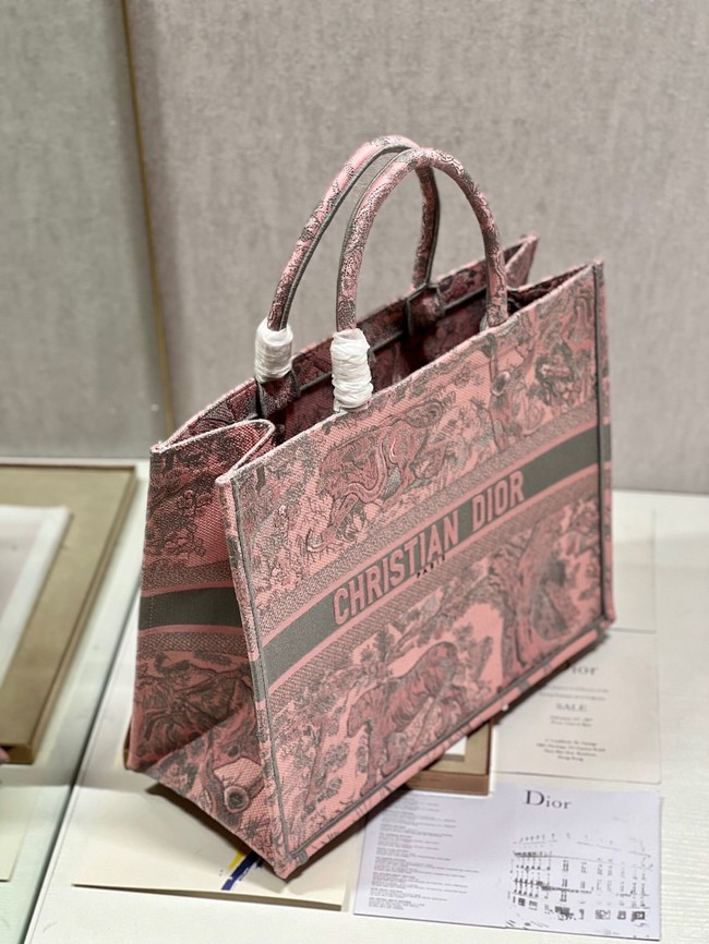 LARGE DIOR BOOK TOTE Pink and Gray Toile de Jouy Sauvage Embroidery M1286ZTD