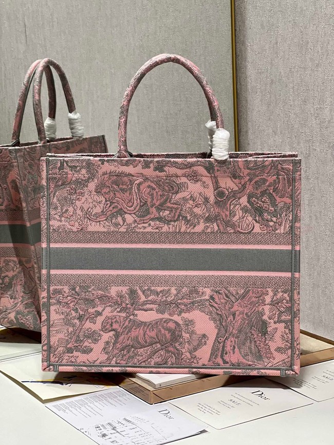 LARGE DIOR BOOK TOTE Pink and Gray Toile de Jouy Sauvage Embroidery M1286ZTD