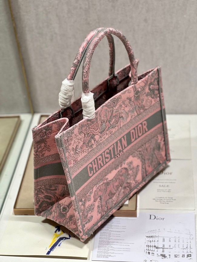 MEDIUM DIOR BOOK TOTE Gray and Pink Toile de Jouy Reverse Embroidery M1296ZRG