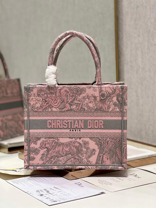 SMALL DIOR BOOK TOTE Gray and Pink Toile de Jouy Reverse Embroidery M1296ZRG