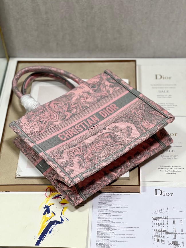 SMALL DIOR BOOK TOTE Gray and Pink Toile de Jouy Reverse Embroidery M1296ZRG