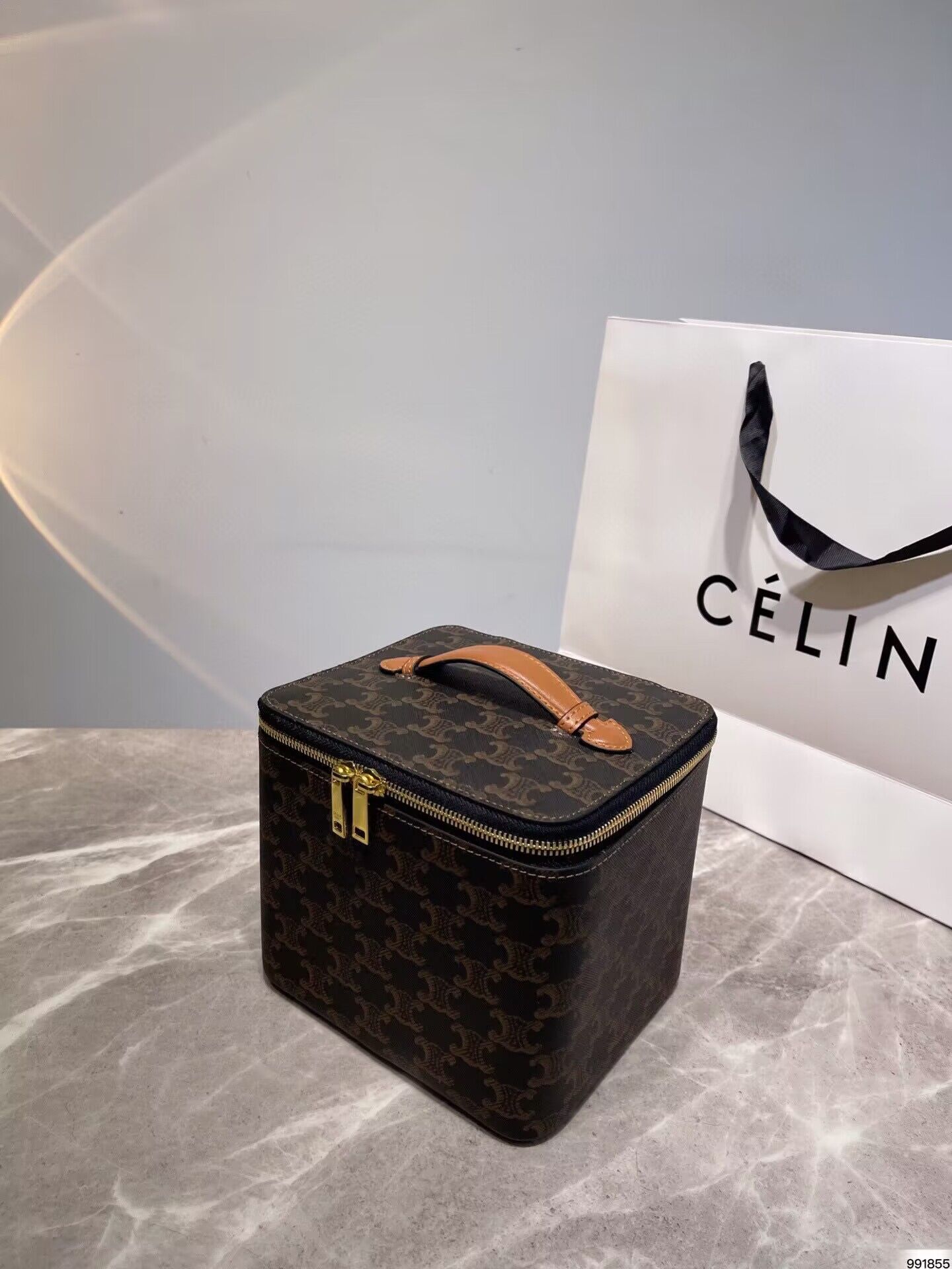 Celine Square Vanity Case In Triomphe Canvas And Calfskin 956437 Tan