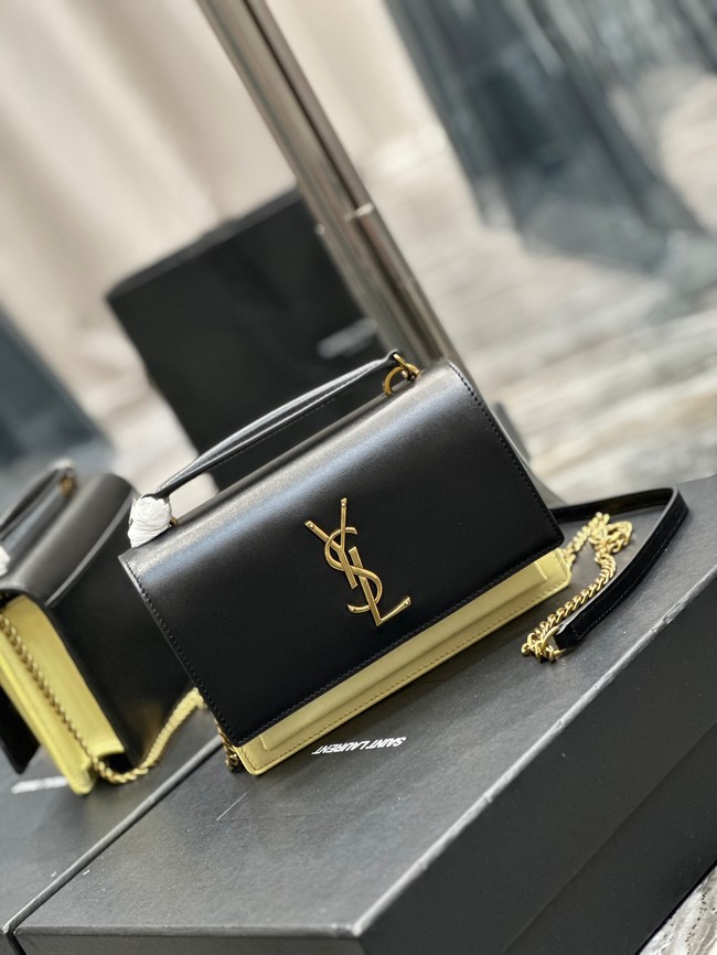 SAINT LAURENT SUNSET CHAIN WALLET IN COATED BARK LEATHER 533026 black&yellow