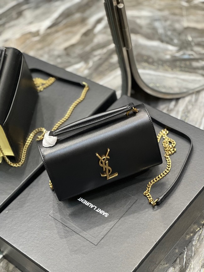 SAINT LAURENT SUNSET CHAIN WALLET IN COATED BARK LEATHER 533026 black&yellow