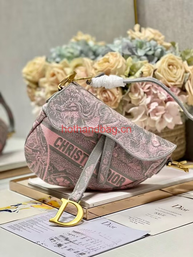 Dior SADDLE BAG Gray and Pink Toile de Jouy Reverse Embroidery M0446CEUP