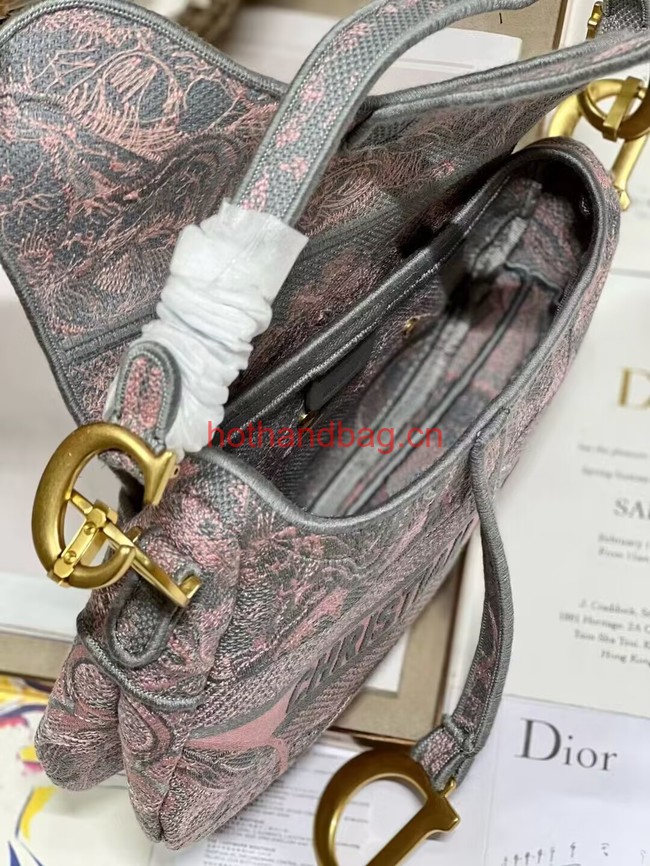 Dior SADDLE BAG Gray and Pink Toile de Jouy Reverse Embroidery M0446CEUP