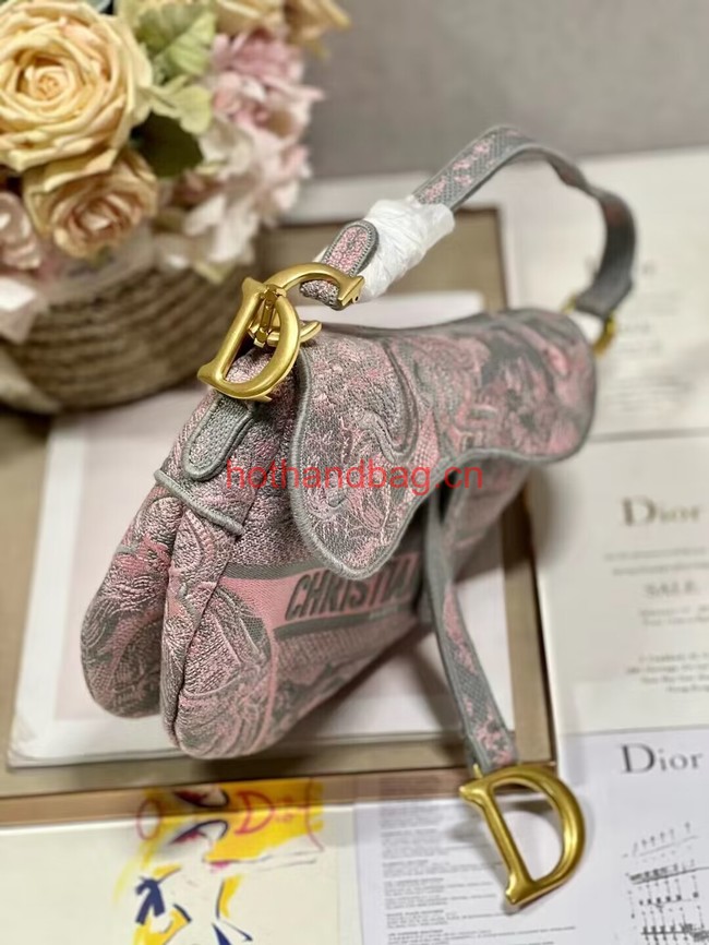 Dior SADDLE BAG Gray and Pink Toile de Jouy Reverse Embroidery M0446CEUP