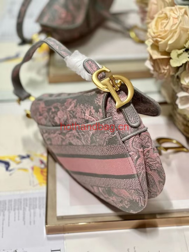 Dior SADDLE BAG Gray and Pink Toile de Jouy Reverse Embroidery M0446CEUP