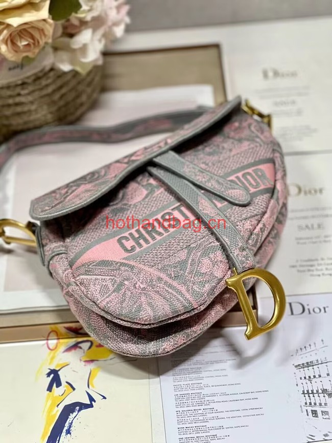 Dior SADDLE BAG Gray and Pink Toile de Jouy Reverse Embroidery M0446CEUP