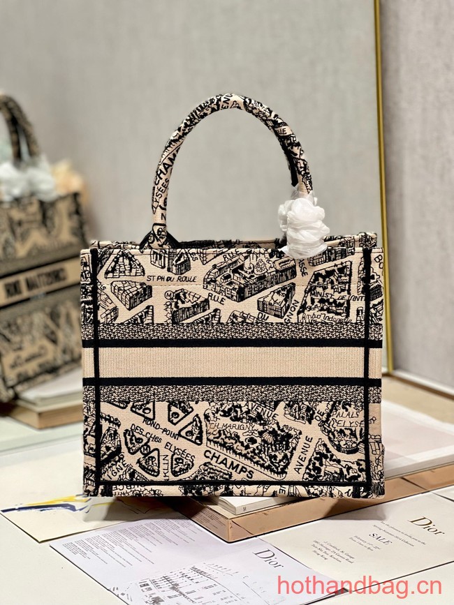 SMALL DIOR BOOK TOTE Beige and Black Plan de Paris Embroidery M1296ZRG