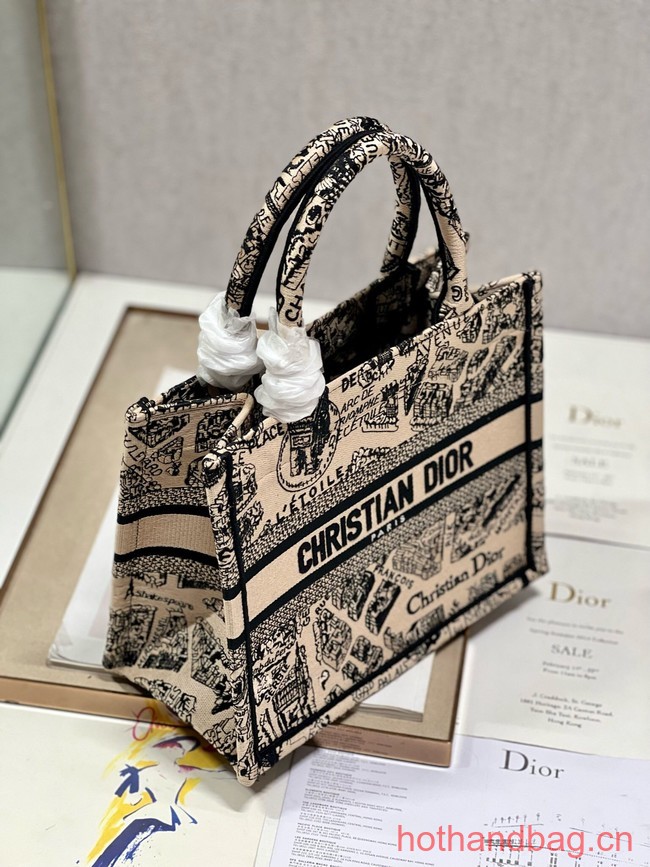 SMALL DIOR BOOK TOTE Beige and Black Plan de Paris Embroidery M1296ZRG