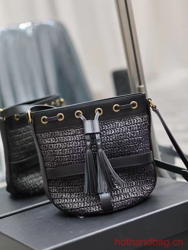 SAINT LAURENT IN RAFFIA AND LEATHER Shoulder Bag Y998223 BLACK