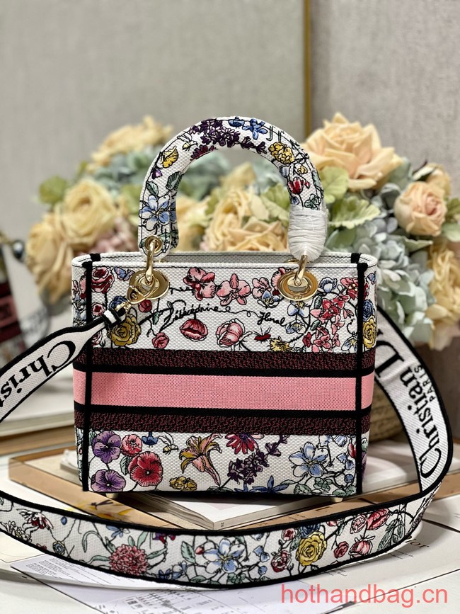 MEDIUM DIOR LADY D-LITE BAG White Multicolor Florilegio Embroidery M0565