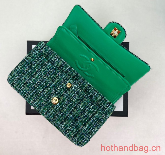 Chanel CLASSIC HANDBAG Wool Tweed A1112 green