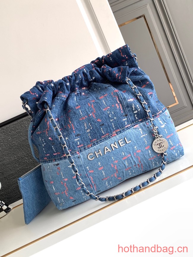 CHANEL 22 Shopping Bag Denim & Silver-Tone Metal AS3261 Blue