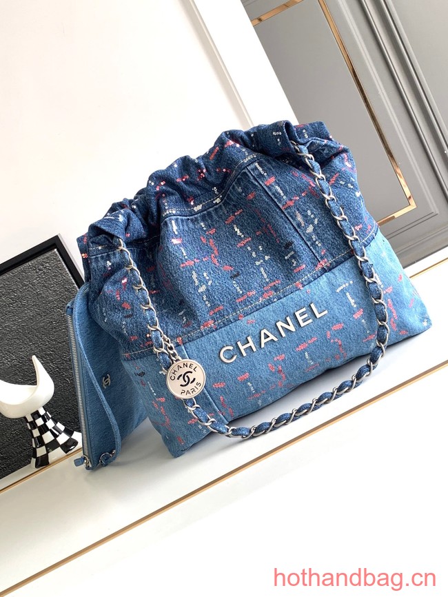 CHANEL 22 Shopping Bag Denim & Silver-Tone Metal AS3260 Blue