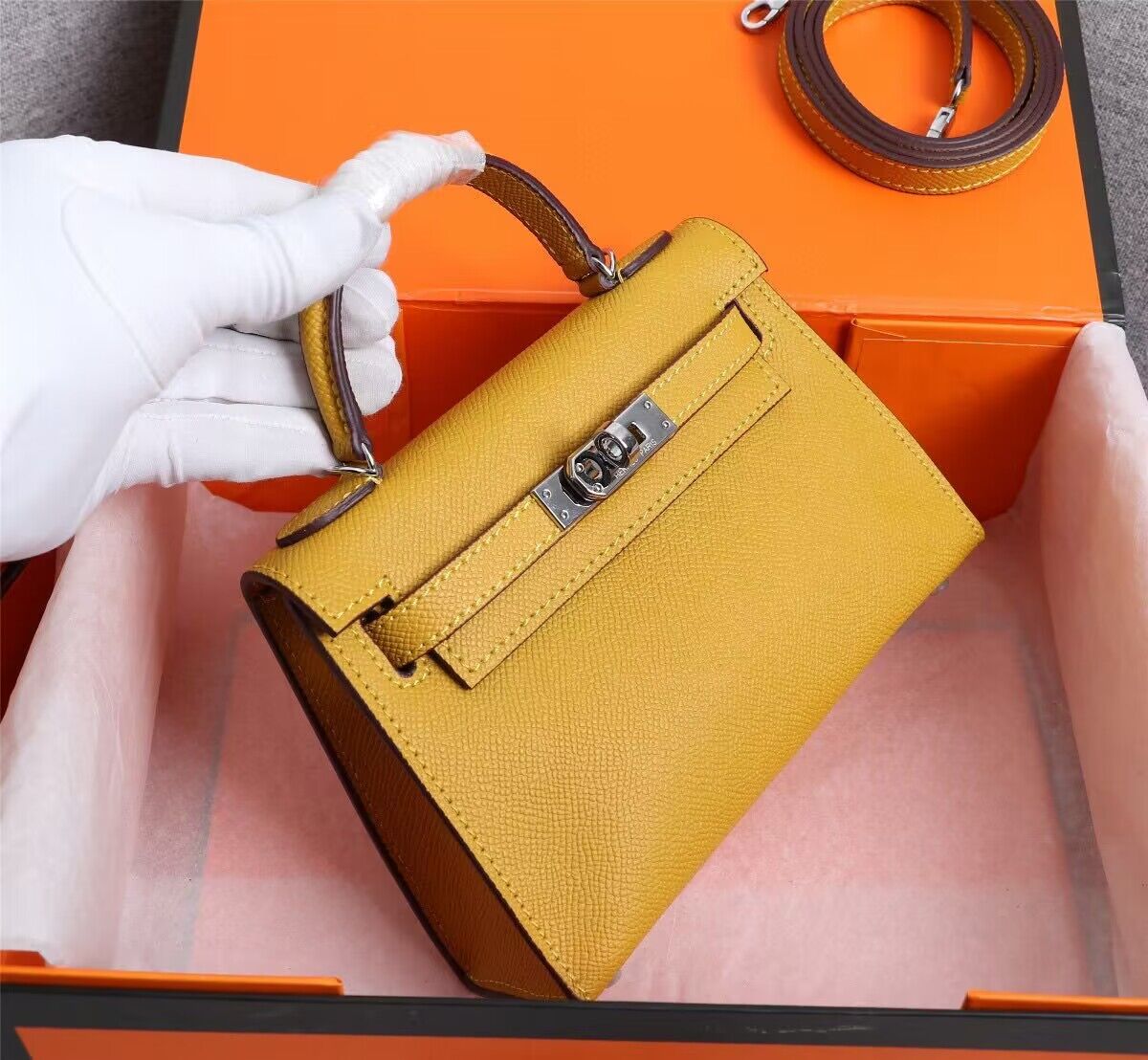 Hermes Kelly 25cm Shoulder Bags Original Epsom Leather KL2755 Yellow&Silver