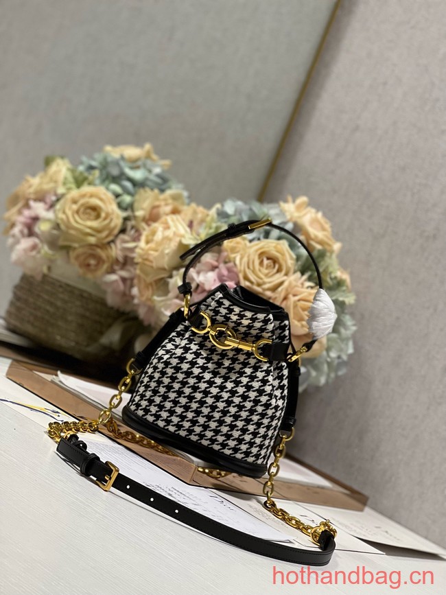 SMALL CEST DIOR BAG Black and White Houndstooth Embroidery Natural Cannage M2272U