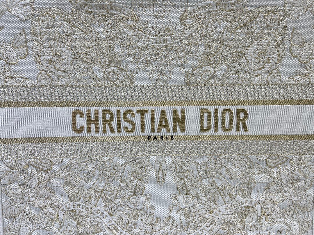 LARGE DIOR BOOK TOTE Gold-Tone and White Butterfly Around The World Embroidery M1286ZES