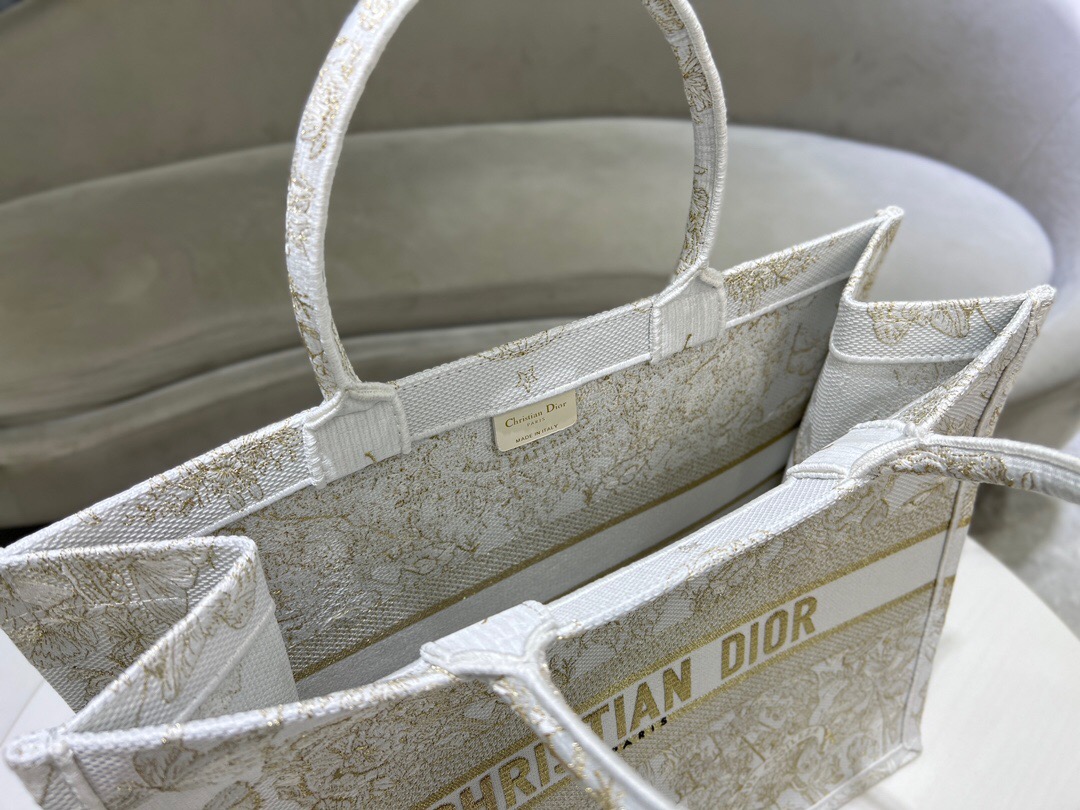 LARGE DIOR BOOK TOTE Gold-Tone and White Butterfly Around The World Embroidery M1286ZES