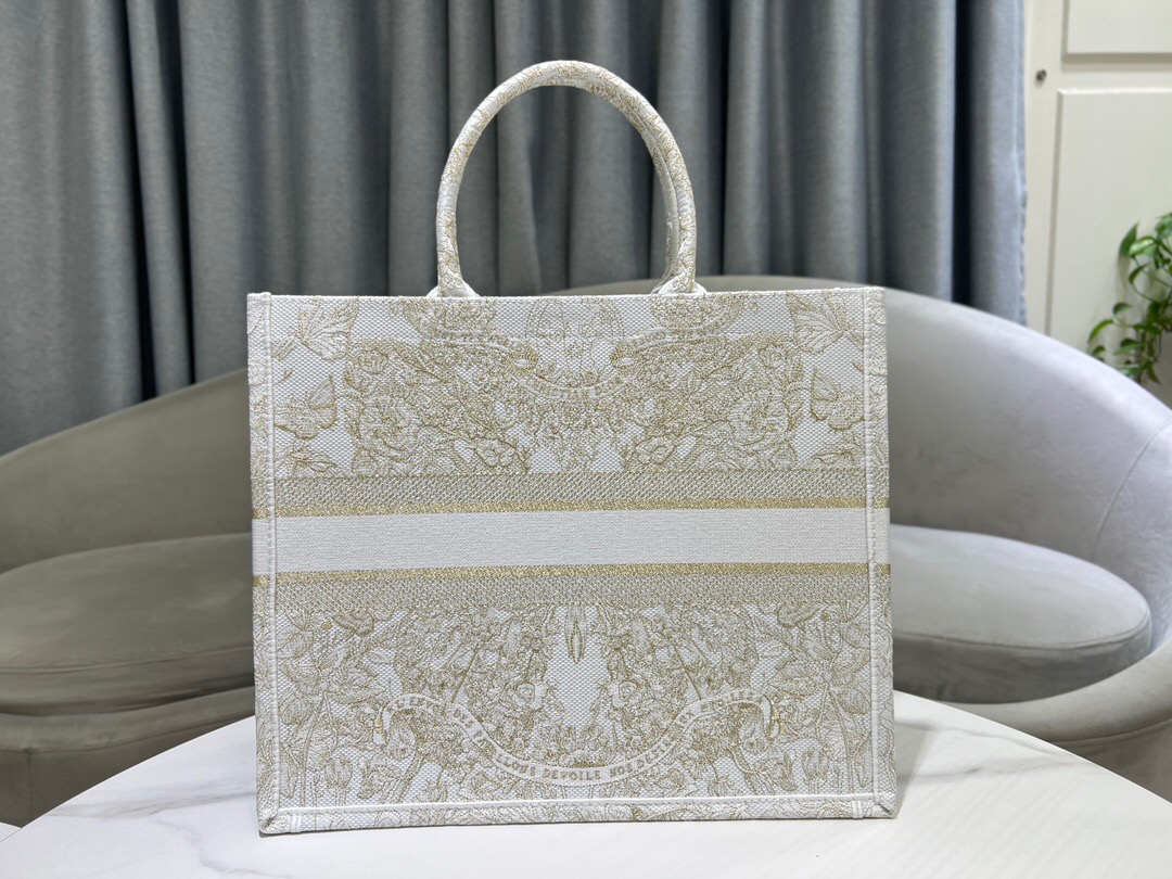 LARGE DIOR BOOK TOTE Gold-Tone and White Butterfly Around The World Embroidery M1286ZES