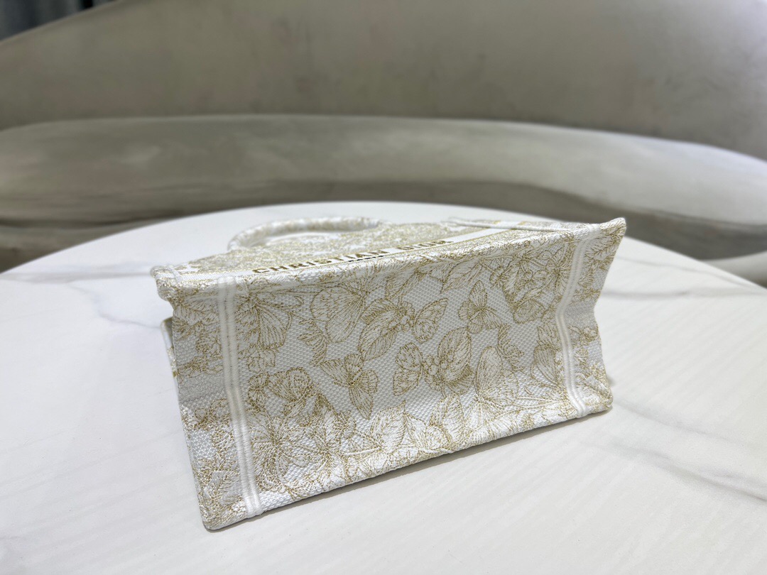 SMALL DIOR BOOK TOTE Gold-Tone and White Butterfly Around The World Embroidery M1296ZRf