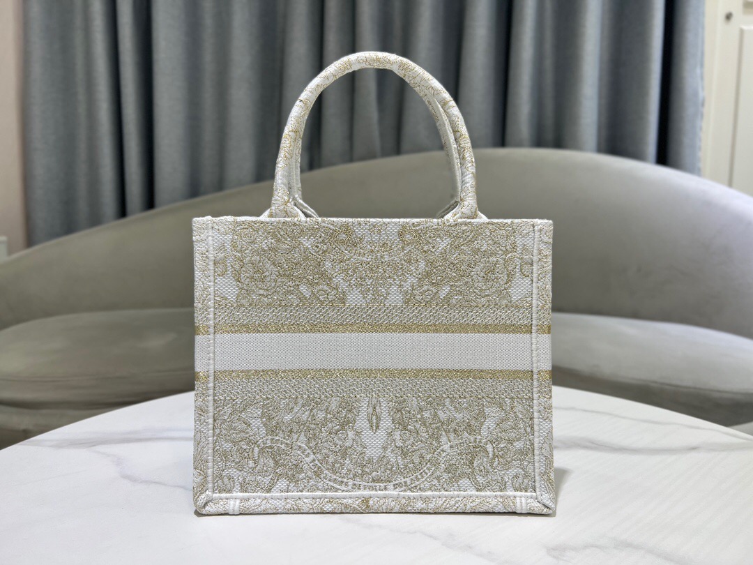 SMALL DIOR BOOK TOTE Gold-Tone and White Butterfly Around The World Embroidery M1296ZRf