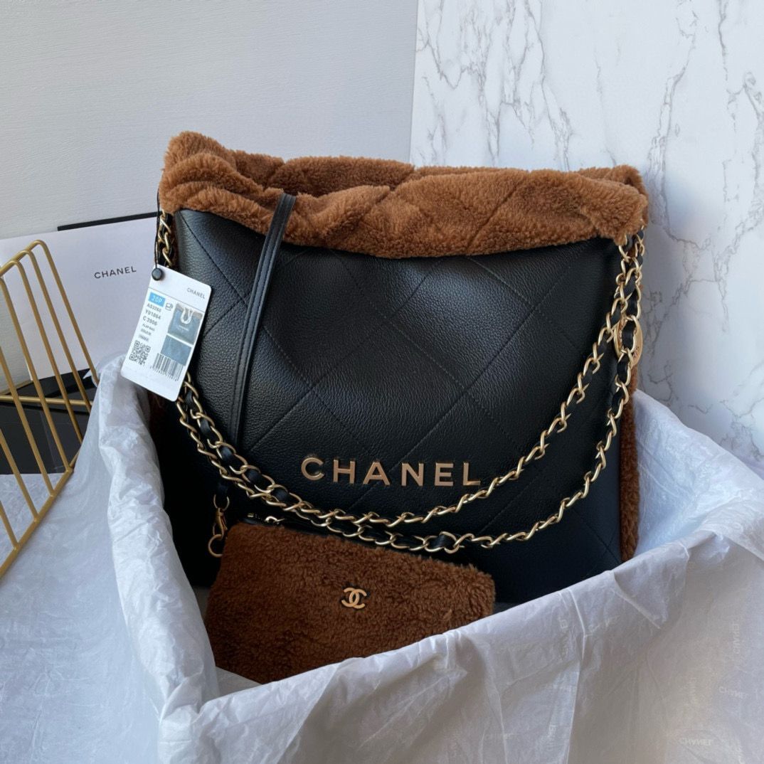 CHANEL 22 HANDBAG Sheepskin & Gold-Tone Metal AS3260 Black&Brown