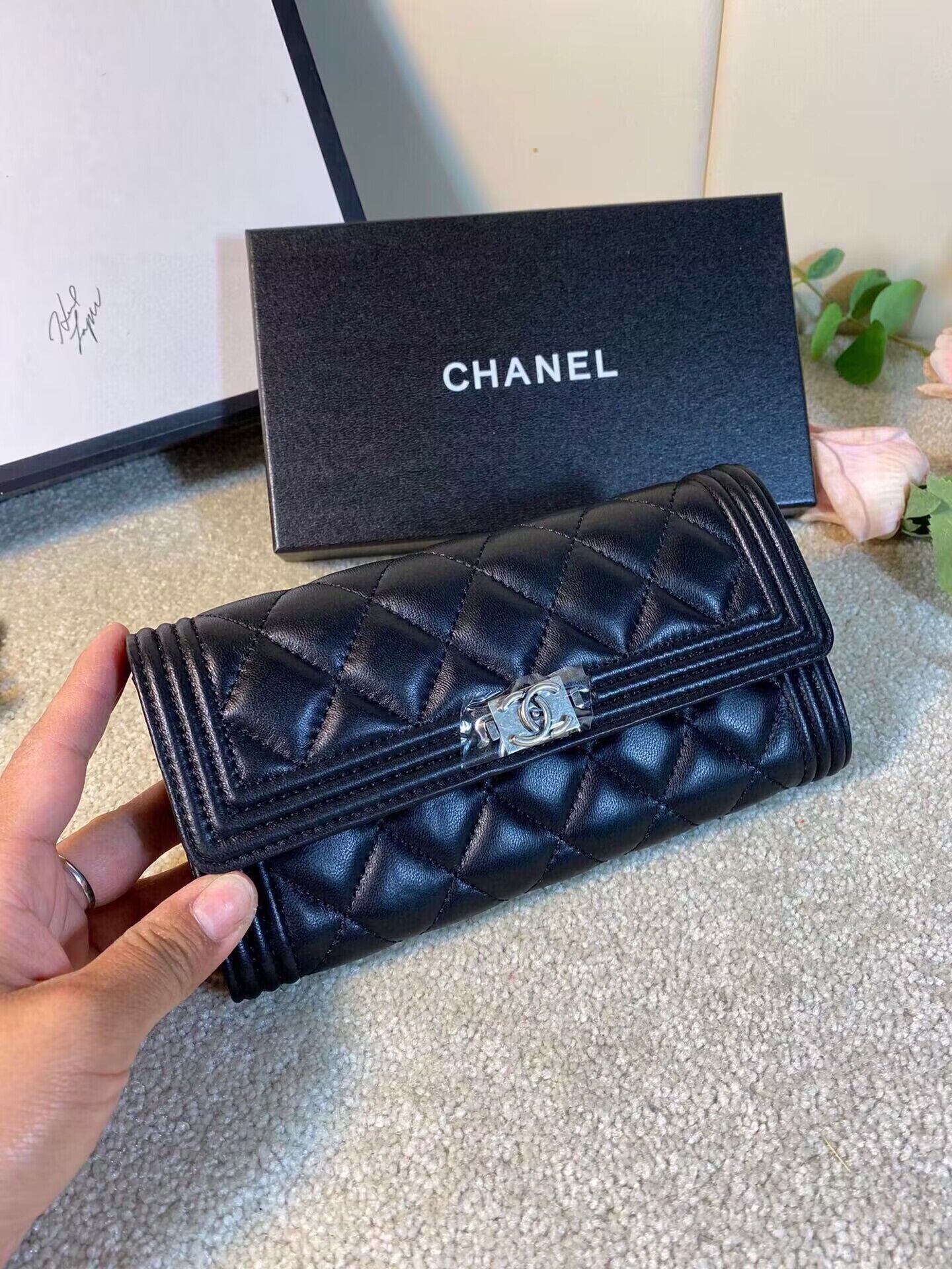 Chanel Boy Matelasse Long Wallet Black Sheepskin CHA5263 Silver