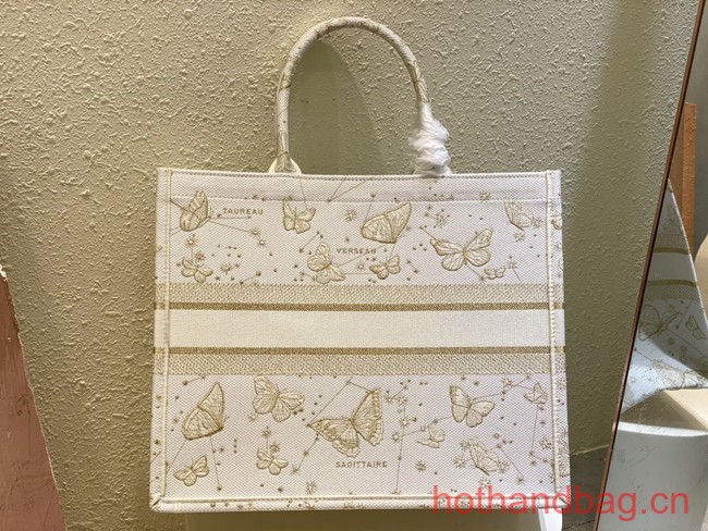 LARGE DIOR BOOK TOTE Gold-Tone and White Butterfly Zodiac Embroidery M1286ZT