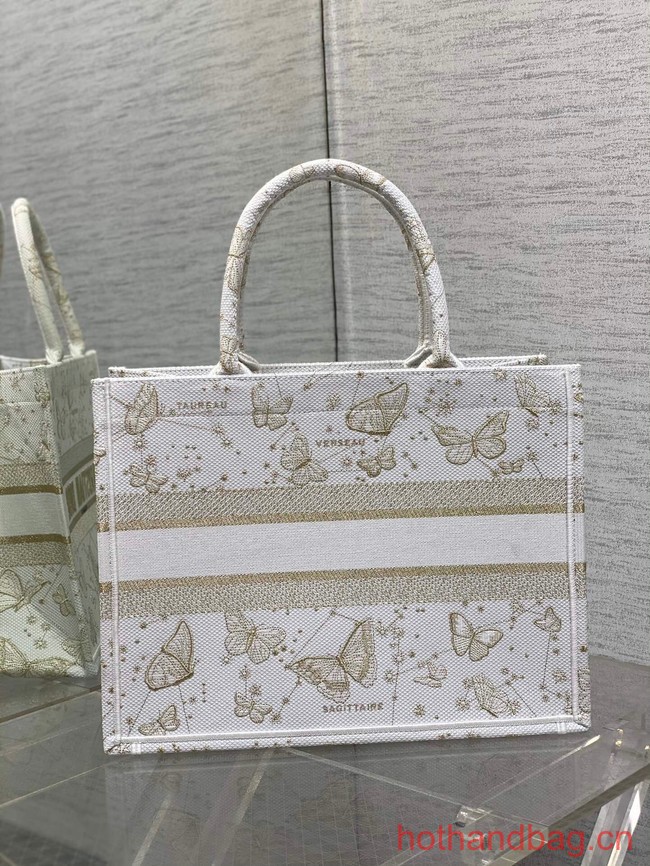 MEDIUM DIOR BOOK TOTE Gold-Tone and White Butterfly Zodiac Embroidery M1296ZESU