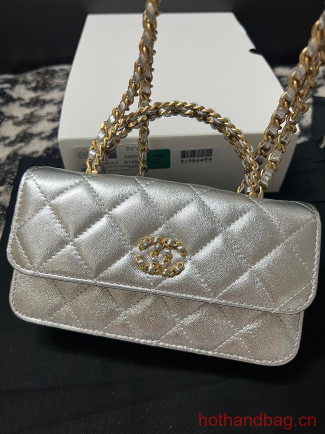 CHANEL FLAP PHONE HOLDER WITH CHAIN AP3575 Silver