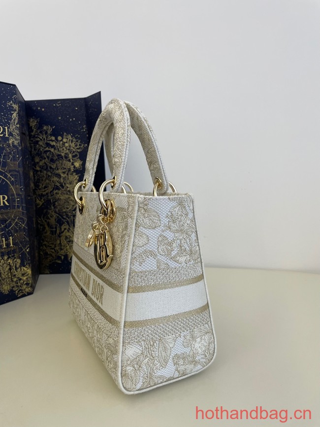 MEDIUM DIOR LADY D-LITE BAG Gold-Tone and White Butterfly Around The World Embroidery M0565OE