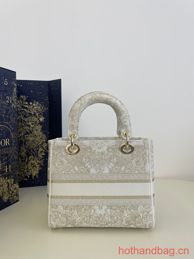 MEDIUM DIOR LADY D-LITE BAG Gold-Tone and White Butterfly Around The World Embroidery M0565OE