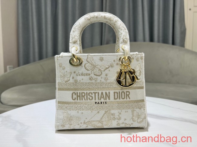 MEDIUM Dior LADY D-LITE BAG Gold-Tone and White Butterfly Zodiac Embroidery M0565OE