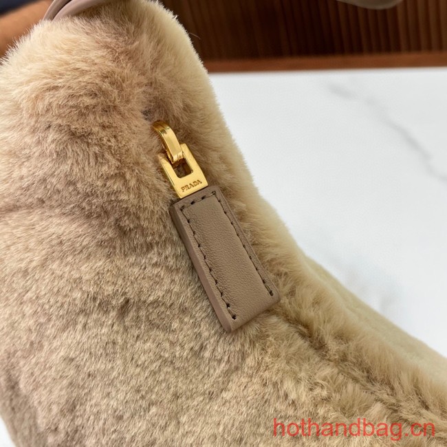 Prada Arque shearling and leather shoulder bag 1BC194 Ecru&Noisette