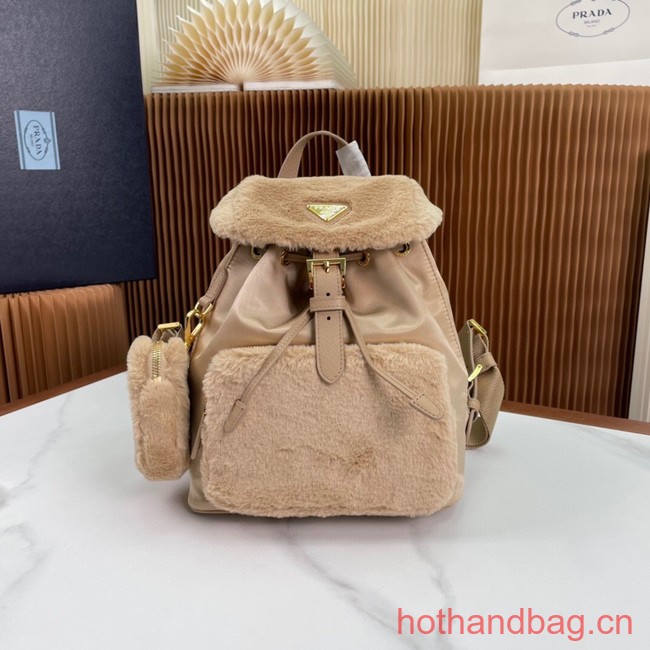 Prada Re-Nylon and shearling backpack 1BZ074 Desert Beige