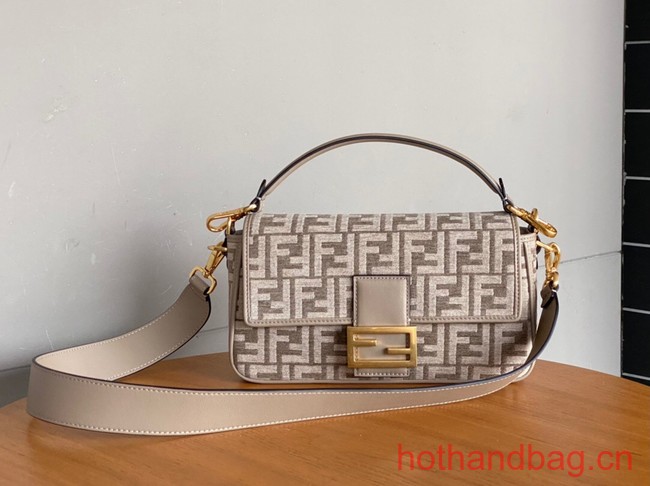 Fendi Baguette Chain Midi dove gray tapestry fabric bag with FF motif 8BR793