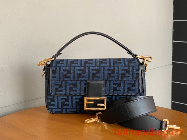 Fendi Baguette Chain Midi dove gray tapestry fabric bag with FF motif 8BR793 blue