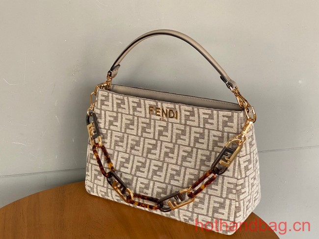 Fendi O Lock Zipper Brown FF jacquard fabric and leather bag F1068 gray